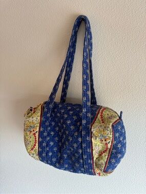 Vintage Quilted Floral Barrel Tote with Yellow Accent